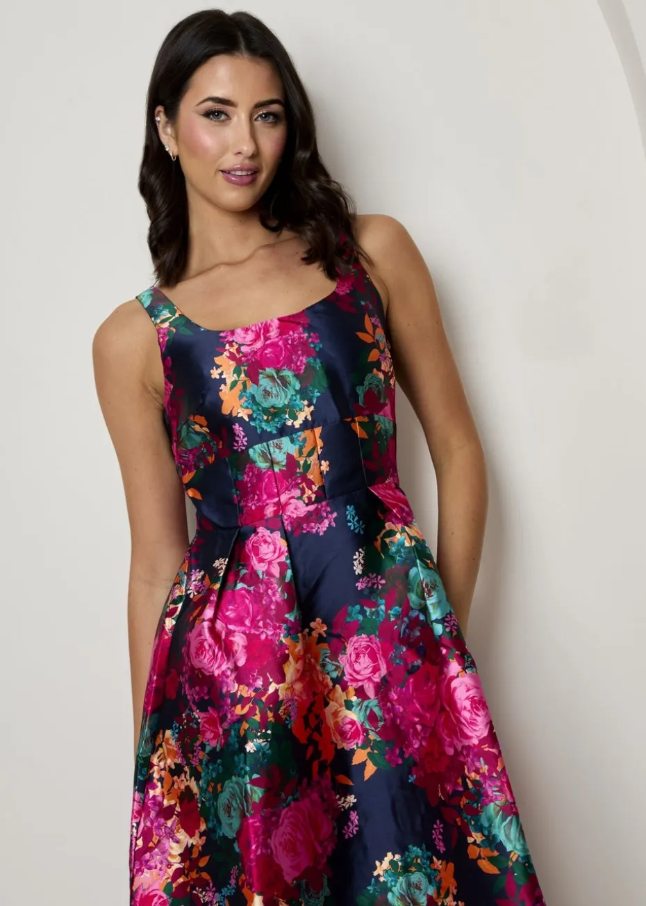 Chi Chi London Navy Sleeveless Floral Fit & Flare Midi Dress