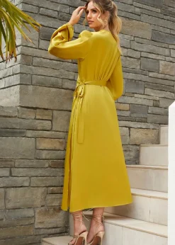 Chi Chi London Olive Long Sleeve Satin Wrap Shirt Dress