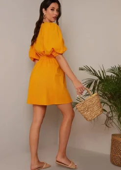 Chi Chi London Orange Ring Front Puff Sleeve Mini Dress