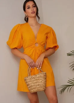 Chi Chi London Orange Ring Front Puff Sleeve Mini Dress