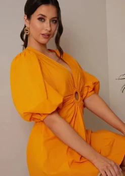 Chi Chi London Orange Ring Front Puff Sleeve Mini Dress