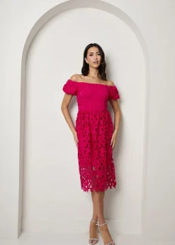 Chi Chi London Pink Bardot Premium Lace Fit & Flare Midi Dress