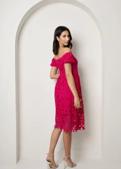 Chi Chi London Pink Bardot Premium Lace Fit & Flare Midi Dress