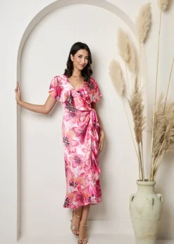 Chi Chi London Pink Flutter Sleeve Satin Wrap Dress
