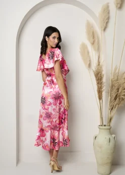 Chi Chi London Pink Plus Size Flutter Sleeve Satin Wrap Dress