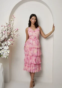 Chi Chi London Pink Sleeveless Floral Print Midi Dress