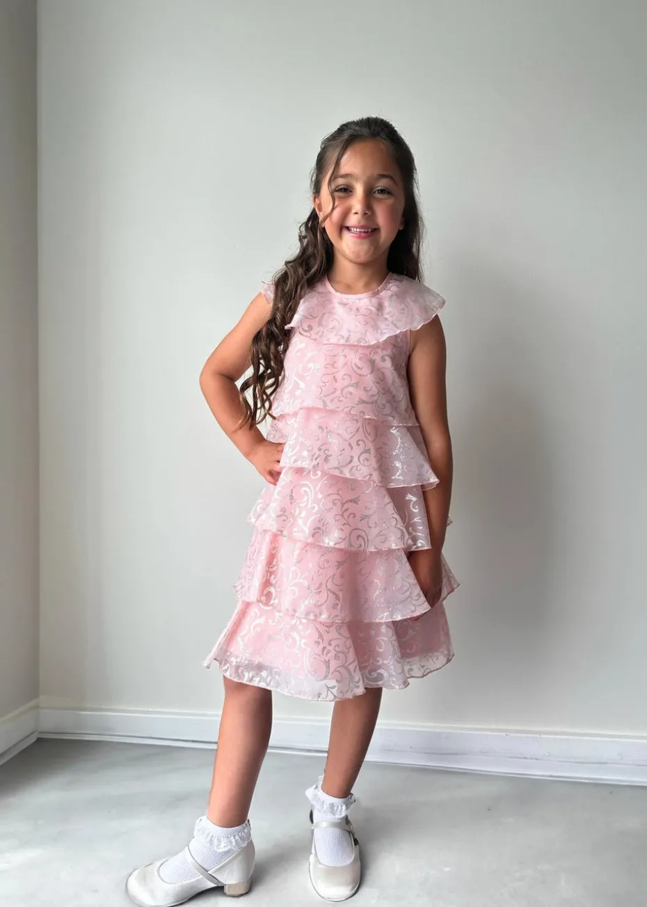 Chi Chi London Pink Younger Girls Tiered Sparkle Midi Dress (4-8 Years)