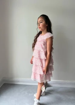 Chi Chi London Pink Younger Girls Tiered Sparkle Midi Dress (4-8 Years)