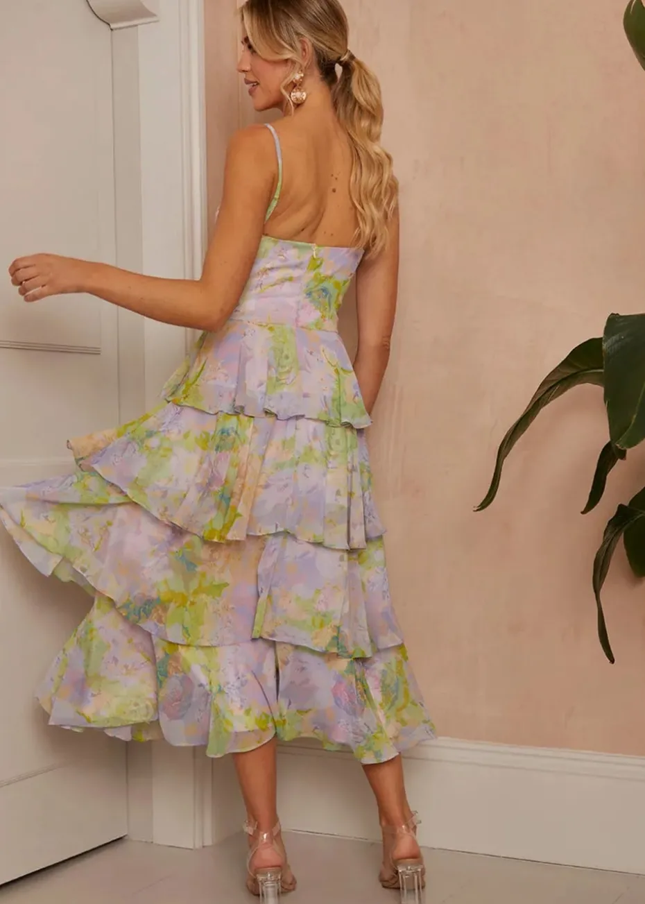 Chi Chi London Purple Sleeveless Watercolour Print Midi Dress