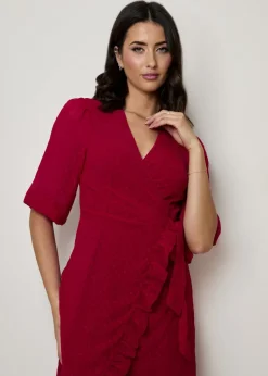 Chi Chi London Red Puff Sleeve Dobby Ruffle Wrap Mini Dress