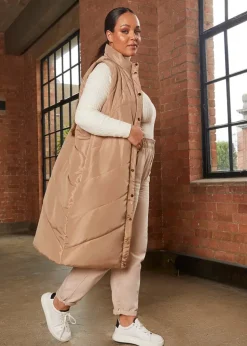 Chi Chi London Tan Diamond Quilt Detail Longline Padded Gilet