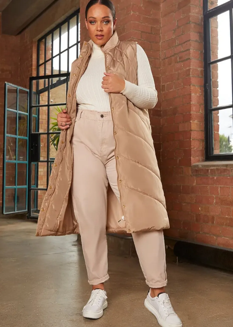 Chi Chi London Tan Diamond Quilt Detail Longline Padded Gilet