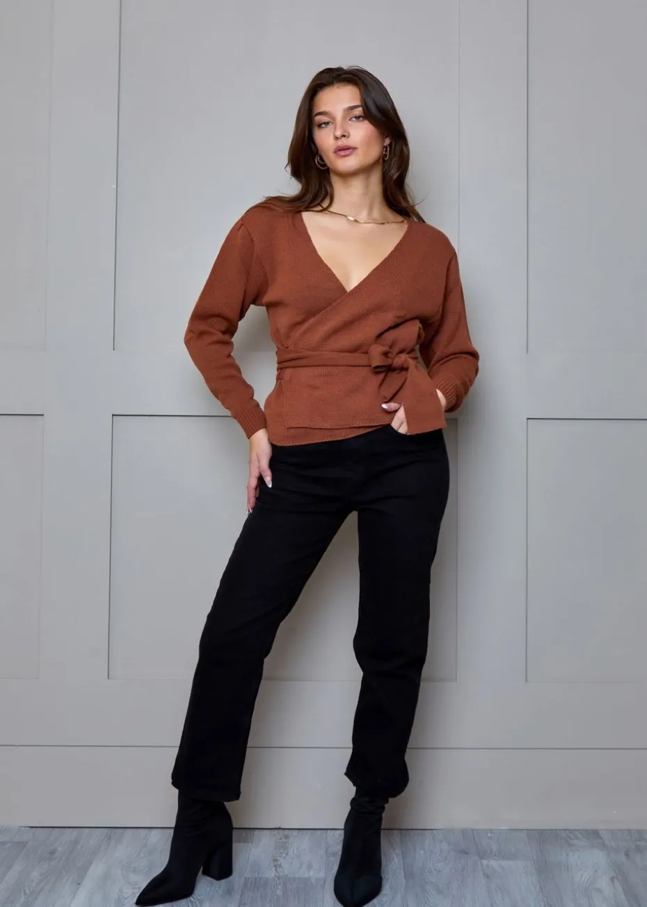 Chi Chi London Tan V Neck Wrap Jumper