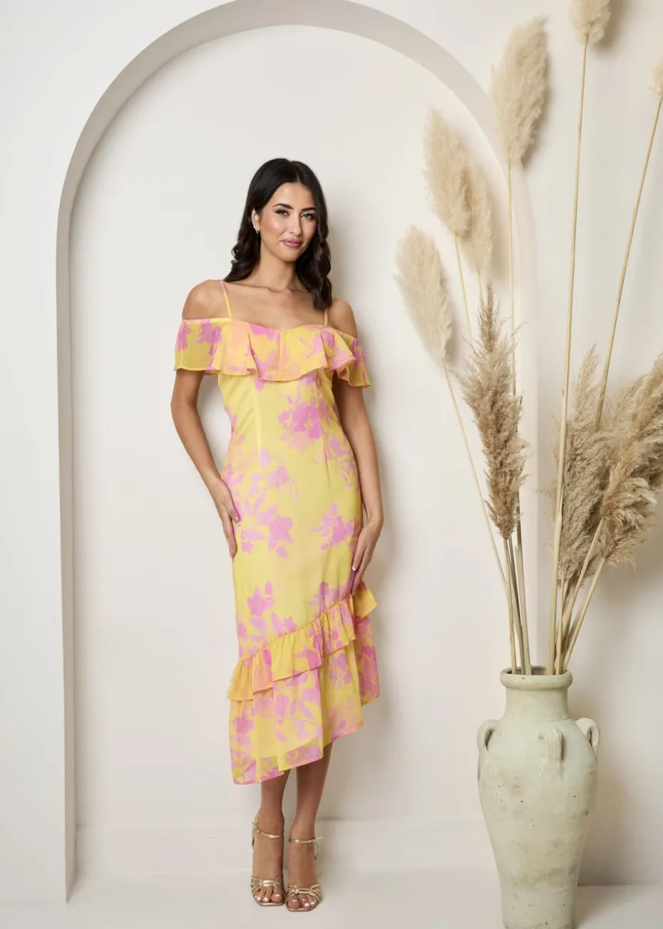 Chi Chi London Yellow Off The Shoulder Frill Detail Midi Dress