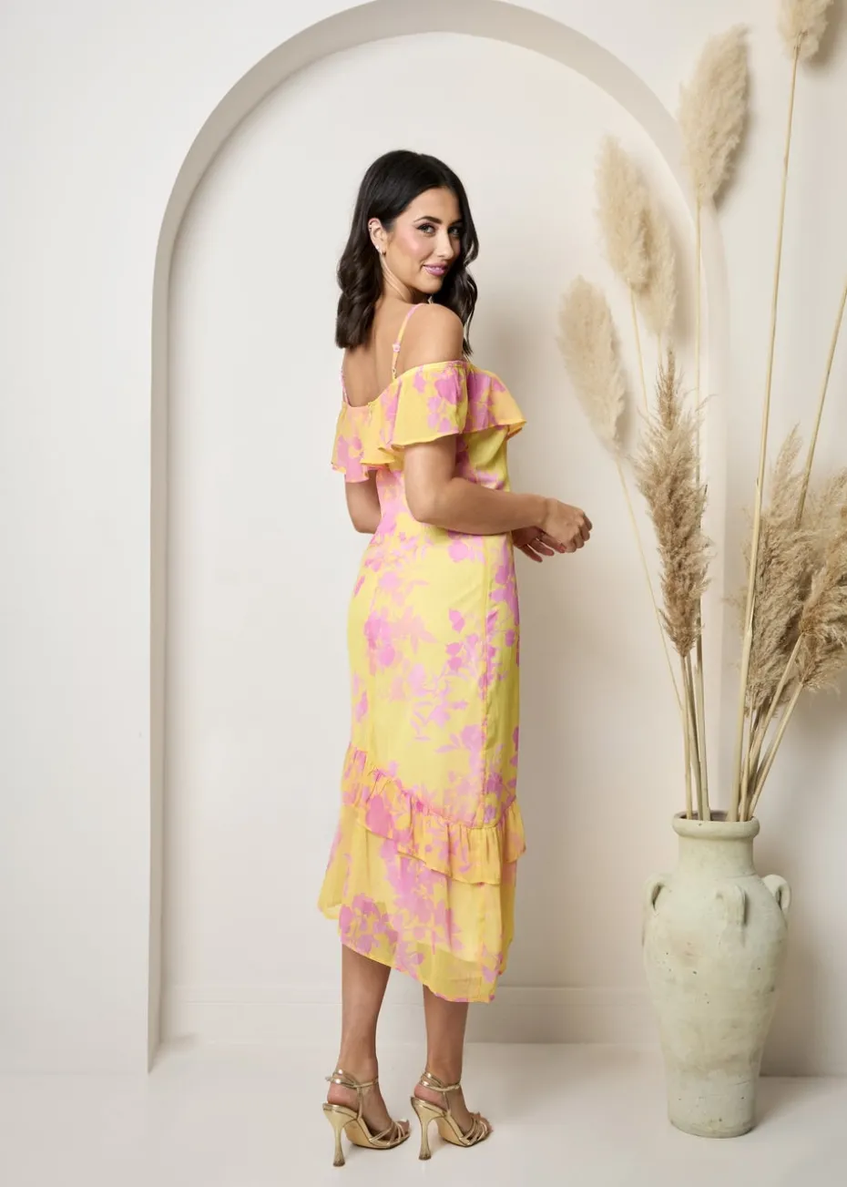 Chi Chi London Yellow Off The Shoulder Frill Detail Midi Dress