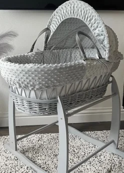 Clair de Lune Grey Waffle Wicker Moses Basket with Deluxe Rocking Stand