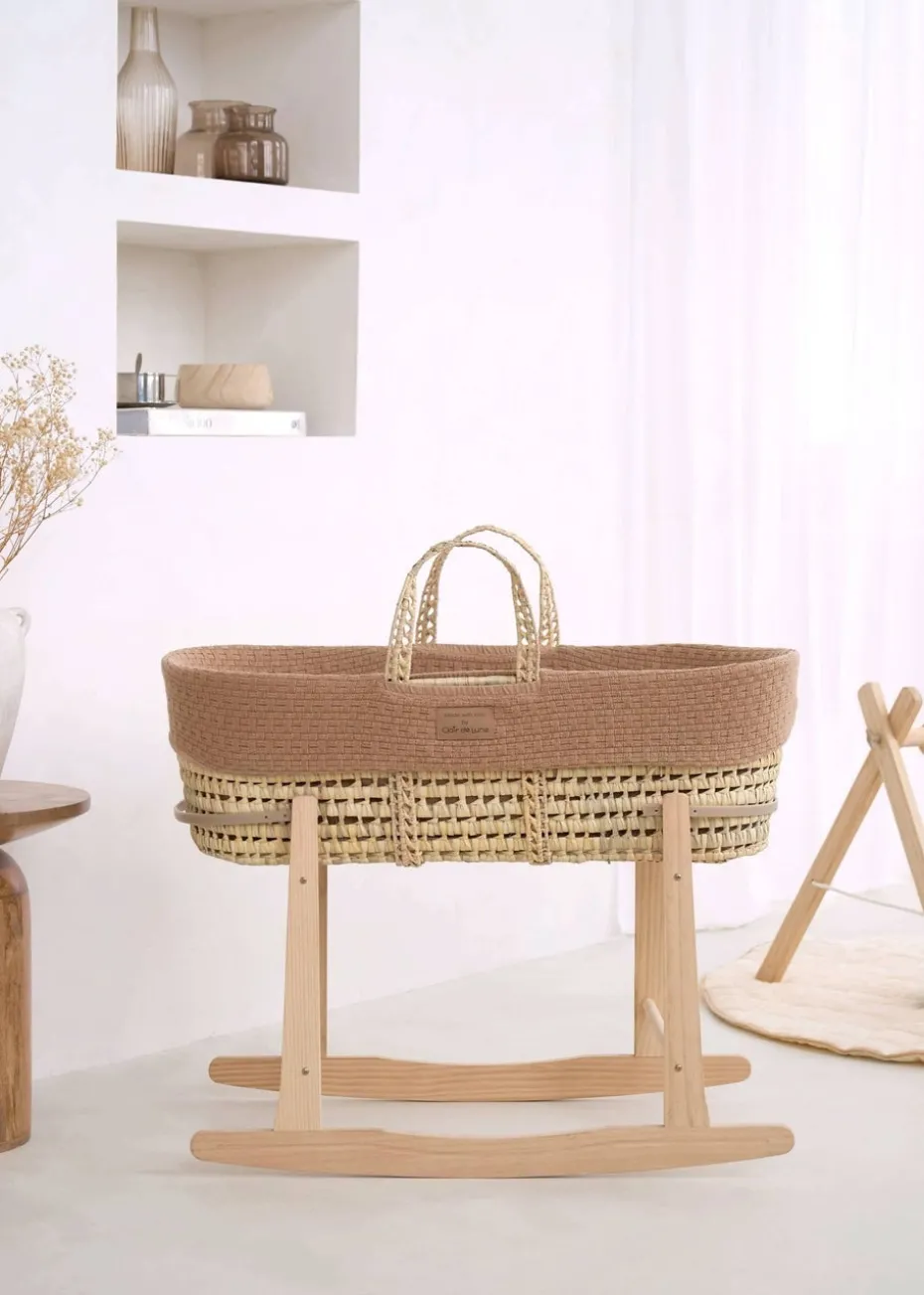 Clair de Lune Organic Biscuit Knitted Moses Basket With Natural Rocking Stand