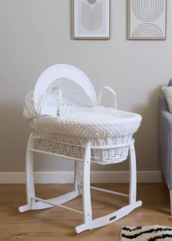 Clair de Lune White Dimple Wicker Moses Basket with Deluxe Rocking Stand