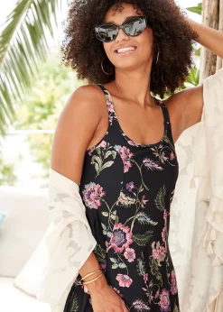 Cotton Traders Black Tummy Control Printed Swim Dress