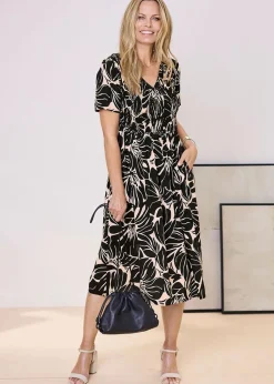 Cotton Traders Black V Neck Printed Midi Dress