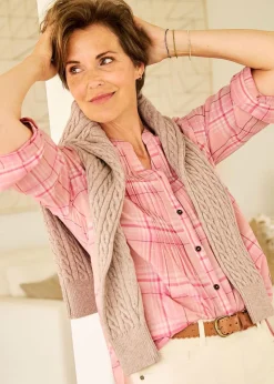 Cotton Traders Coral Blush Cotton Check Blouse