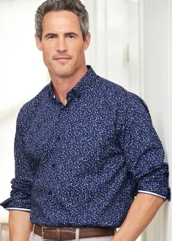 Cotton Traders Dark Blue Long Sleeve Supreme Easy-Care Print Shirt