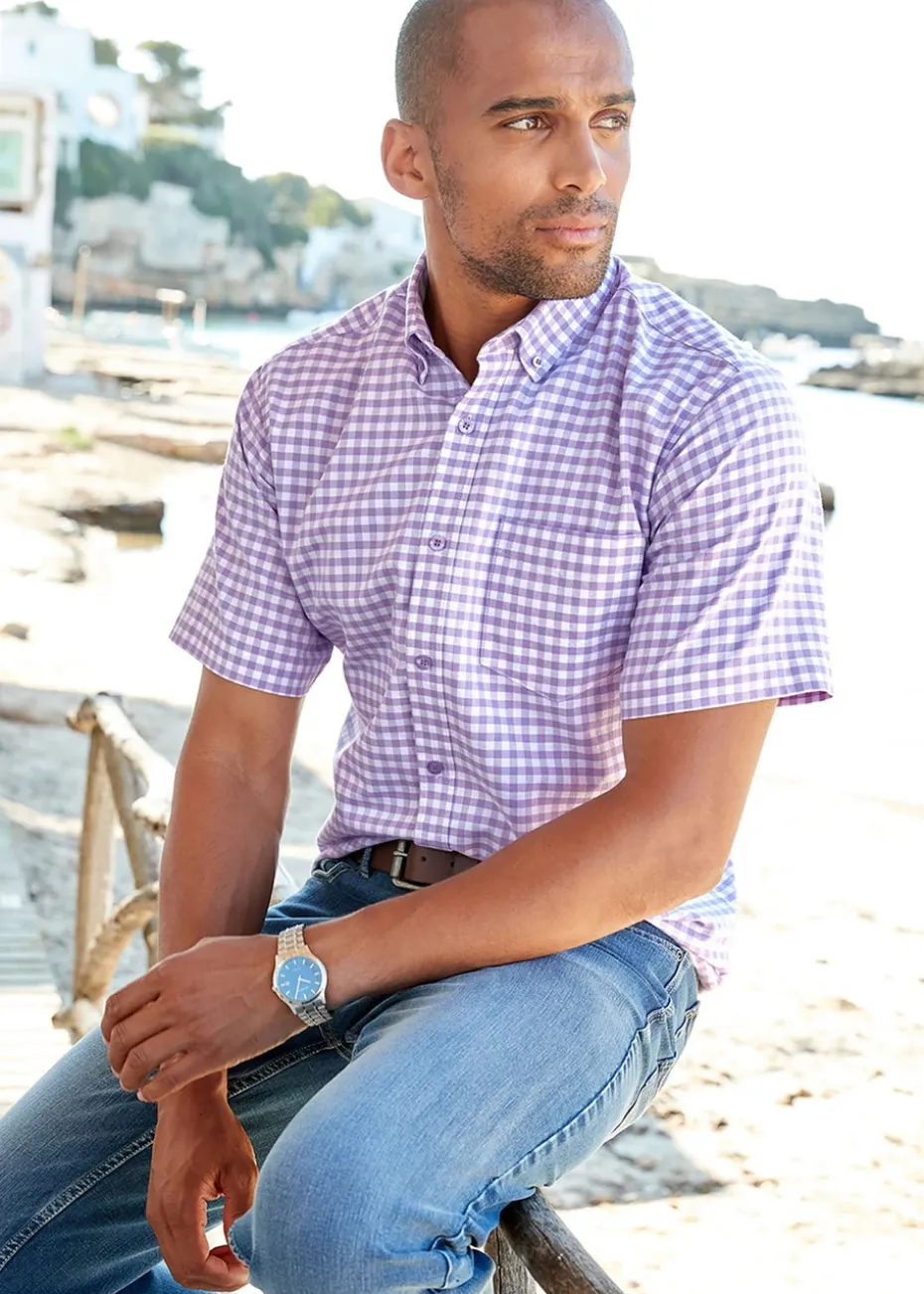 Cotton Traders Deep Lilac Short Sleeve Patterned Oxford Shirt