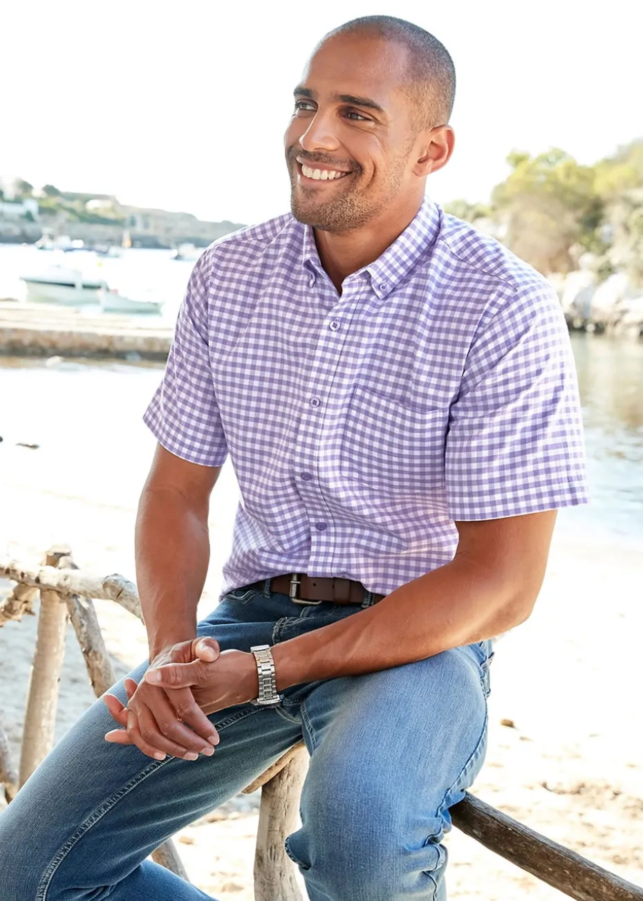 Cotton Traders Deep Lilac Short Sleeve Patterned Oxford Shirt