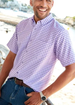 Cotton Traders Deep Lilac Short Sleeve Patterned Oxford Shirt