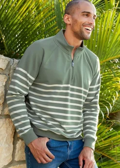 Cotton Traders Green Stripe Half Zip Sweatshirt
