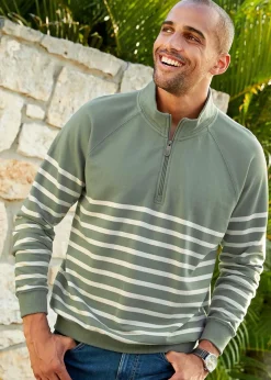 Cotton Traders Green Stripe Half Zip Sweatshirt