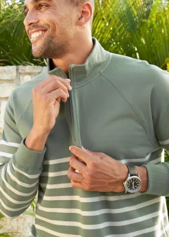 Cotton Traders Green Stripe Half Zip Sweatshirt