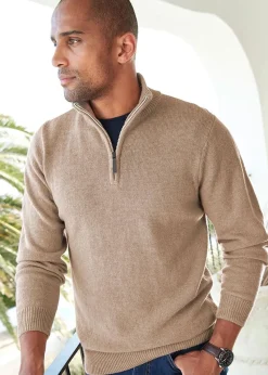 Cotton Traders Latte Half-Zip Lambswool Rich Jumper