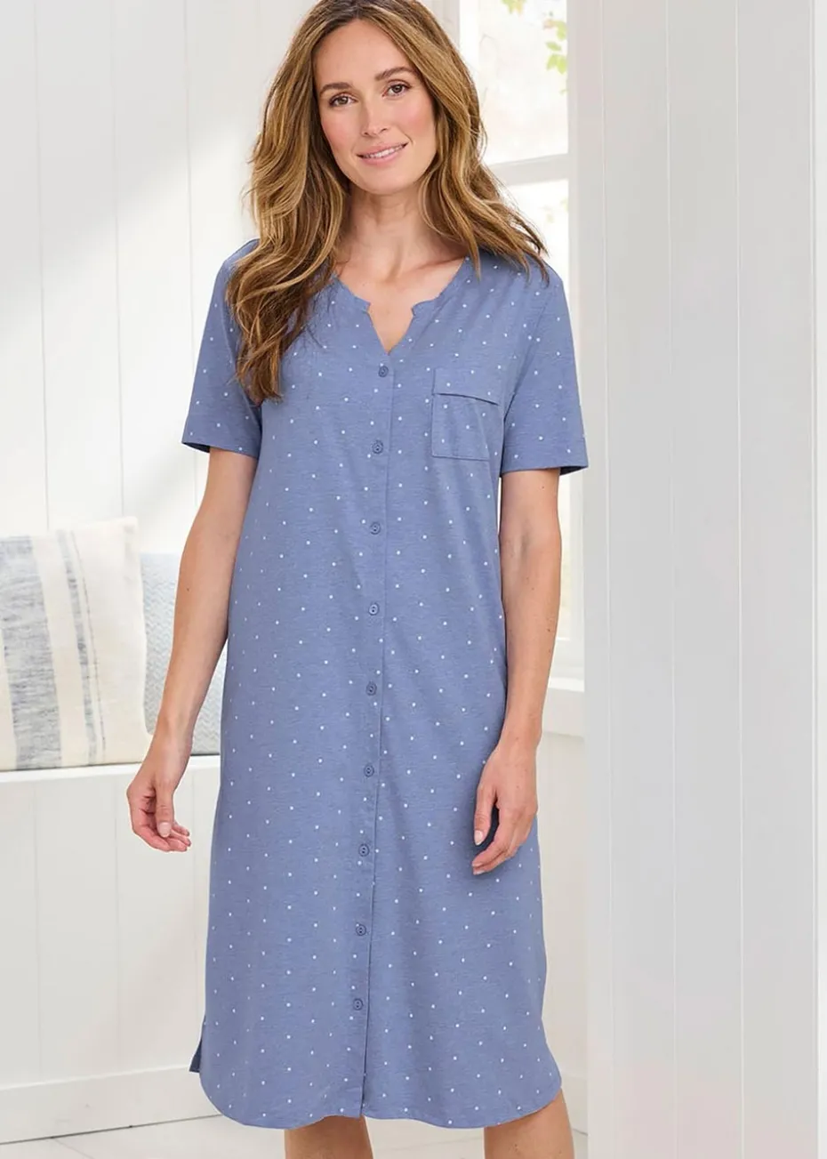Cotton Traders Light Blue Jersey Button Through Nightdress