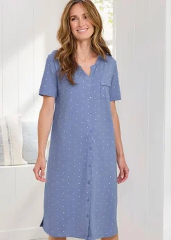 Cotton Traders Light Blue Jersey Button Through Nightdress