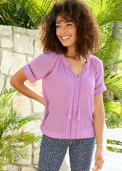 Cotton Traders Lilac Pink Short Sleeve Crochet Trim Top