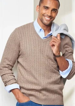 Cotton Traders Linen Cotton V-Neck Cable Jumper