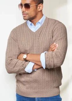 Cotton Traders Linen Cotton V-Neck Cable Jumper