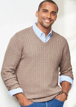 Cotton Traders Linen Cotton V-Neck Cable Jumper