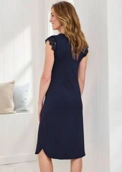 Cotton Traders Navy Lace Sleeve Nightdress