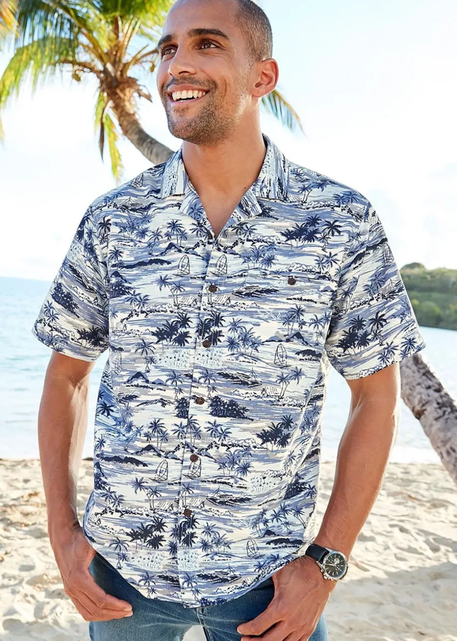 Cotton Traders Pale Blue Short Sleeve Summer Print Soft Touch Print Shirt