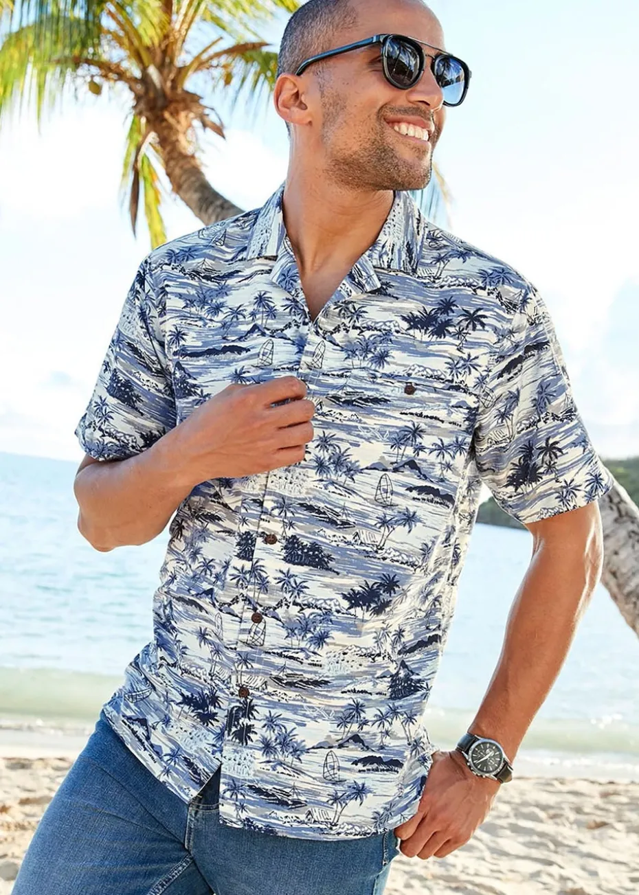 Cotton Traders Pale Blue Short Sleeve Summer Print Soft Touch Print Shirt