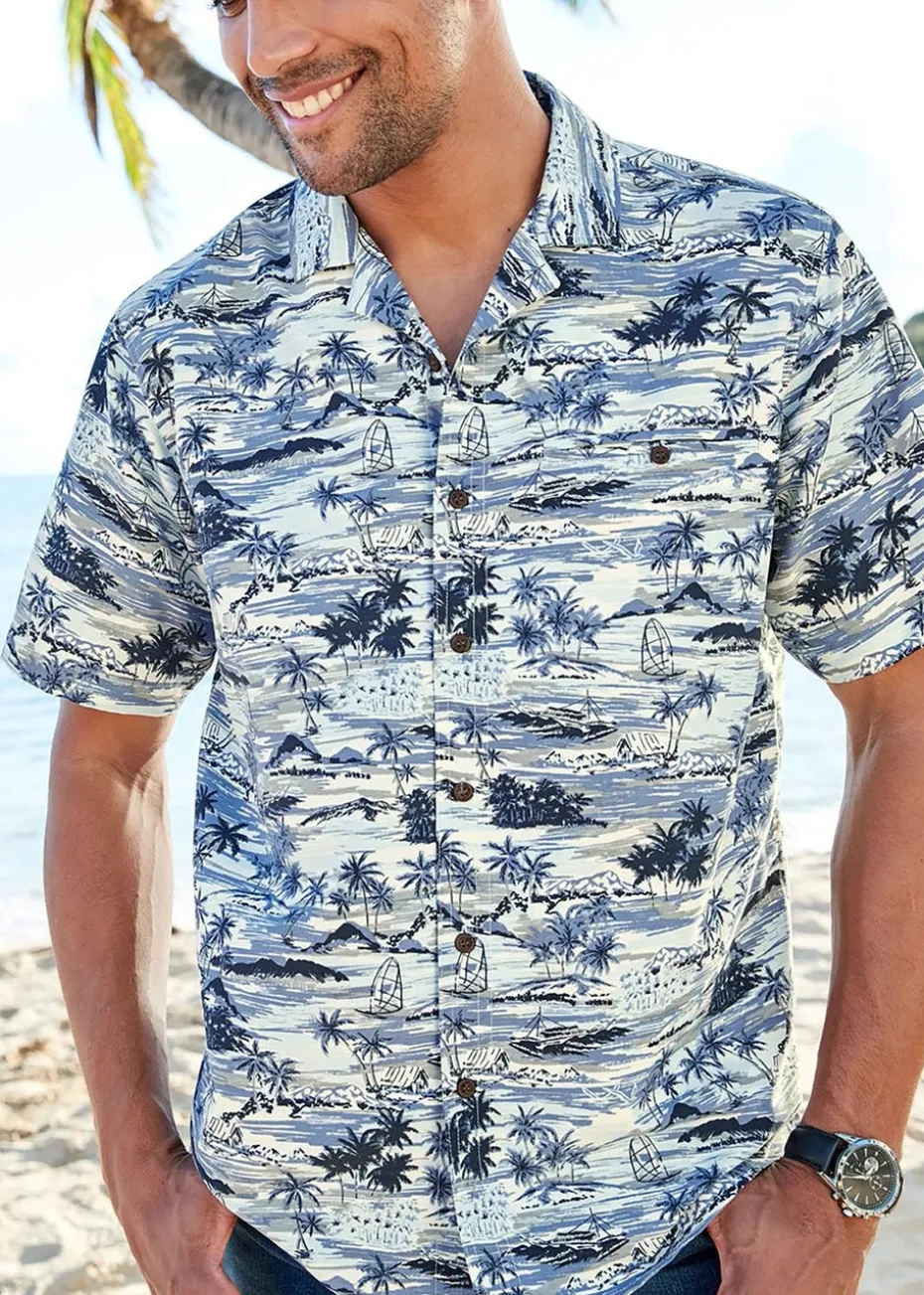 Cotton Traders Pale Blue Short Sleeve Summer Print Soft Touch Print Shirt