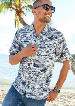 Cotton Traders Pale Blue Short Sleeve Summer Print Soft Touch Print Shirt