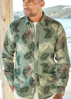 Cotton Traders Pale Olive Long Sleeve Cotton-Rich Printed Shirt