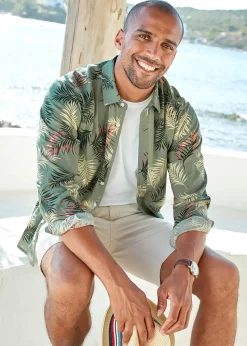 Cotton Traders Pale Olive Long Sleeve Cotton-Rich Printed Shirt