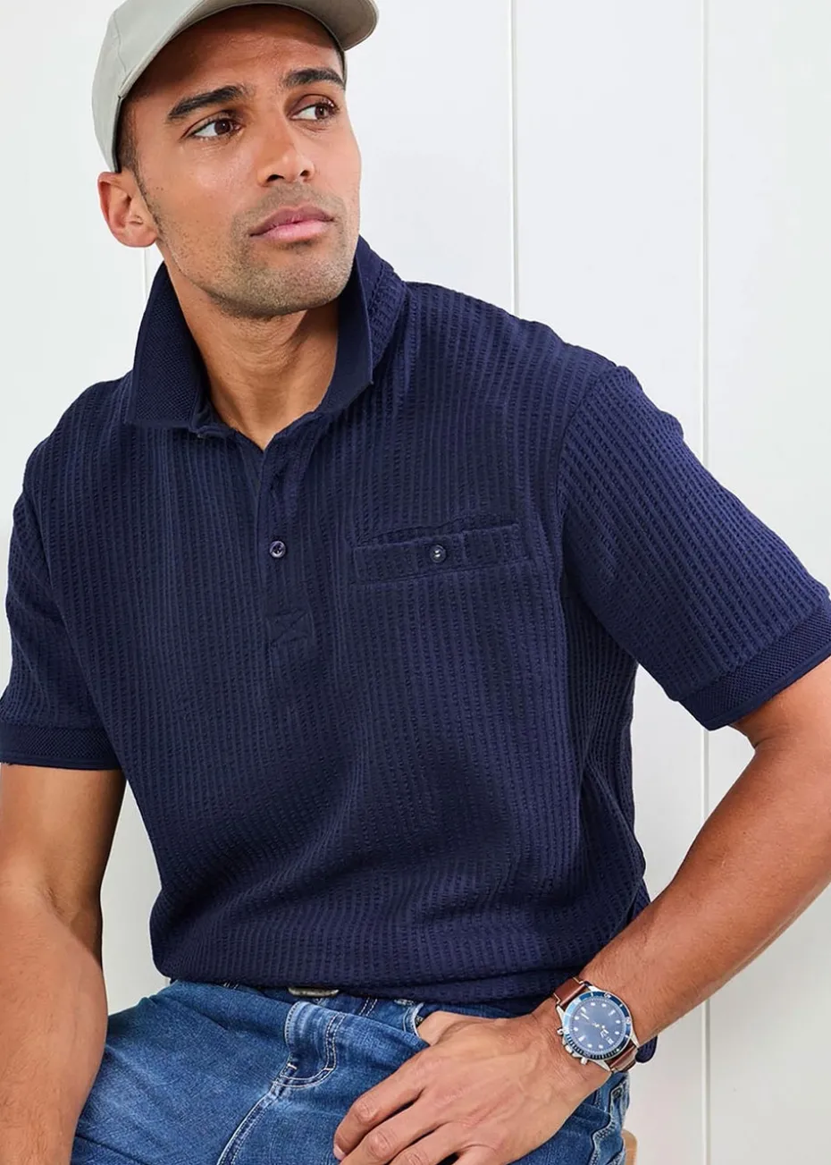 Cotton Traders Pastel Blue Seersucker Polo Shirt