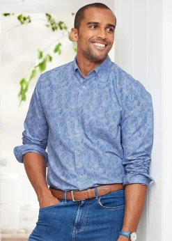 Cotton Traders Powder Blue Long Sleeve Easy-Iron Print Shirt