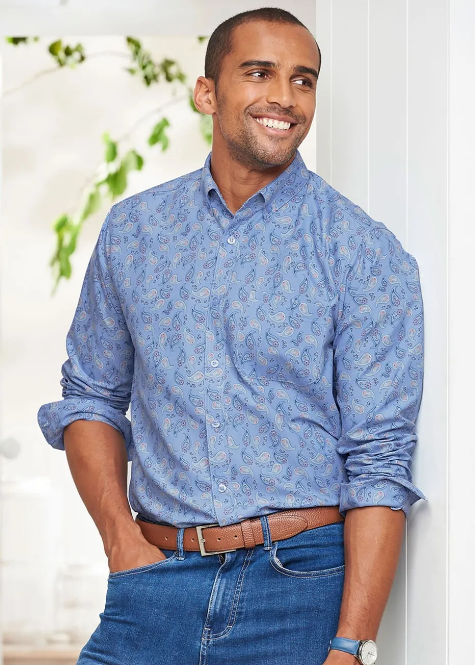 Cotton Traders Powder Blue Long Sleeve Easy-Iron Print Shirt