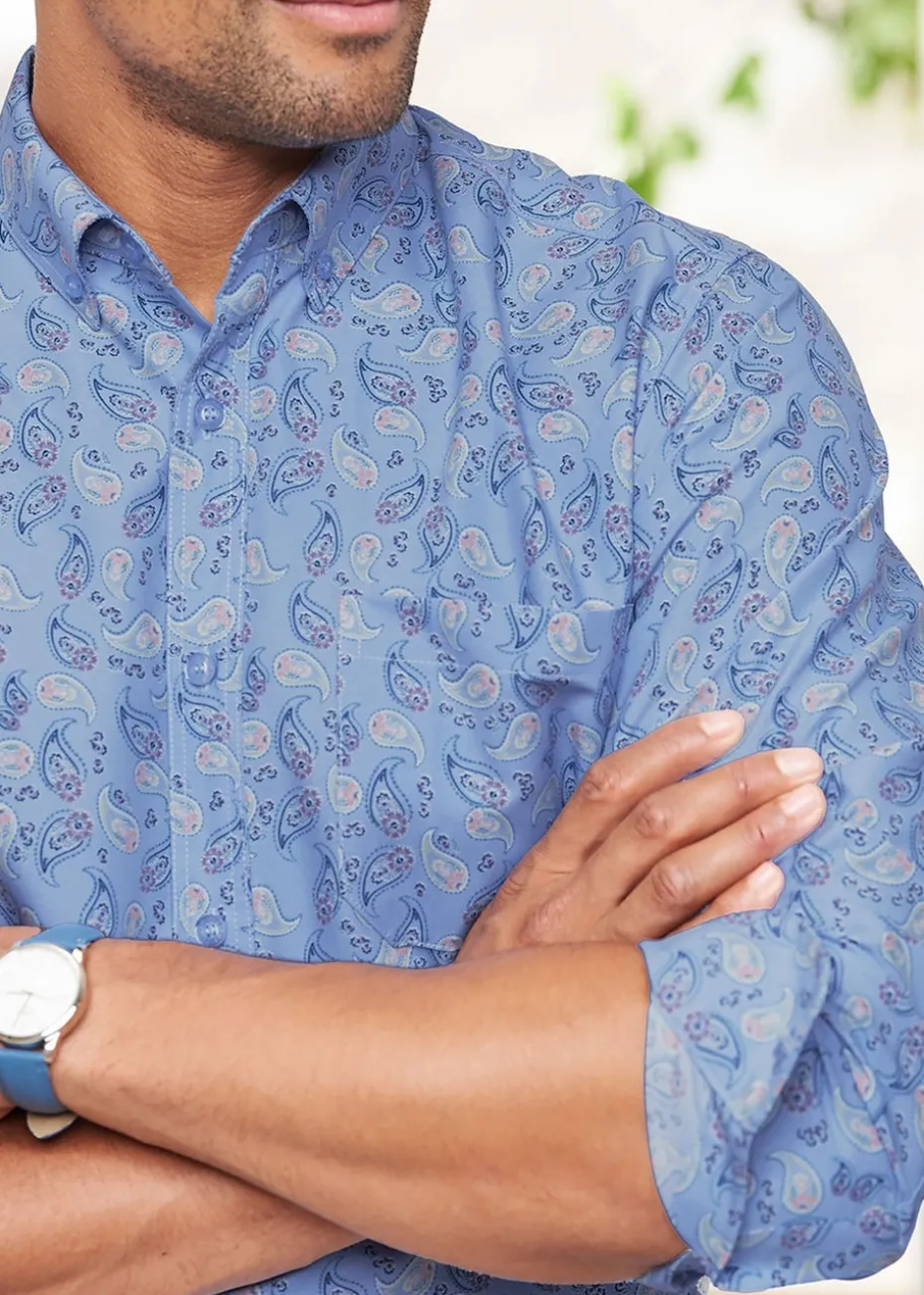 Cotton Traders Powder Blue Long Sleeve Easy-Iron Print Shirt